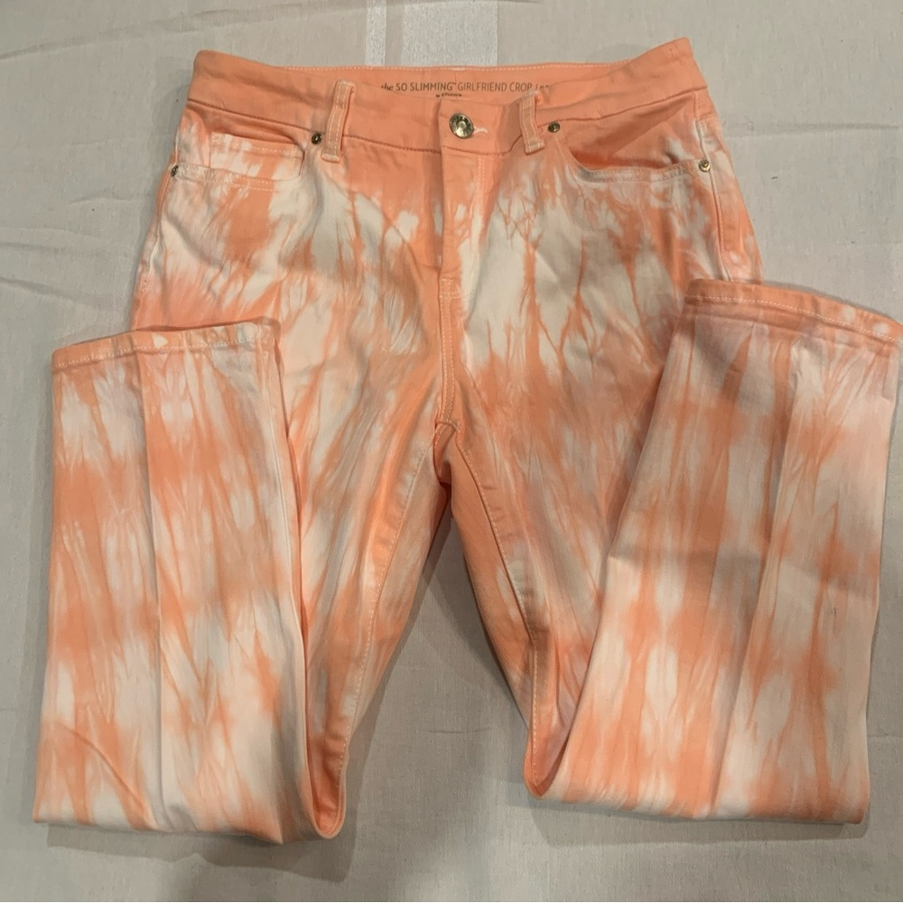 CHICO'S So Slimming Tie-Dye Girlfriend Crop Jeans Orange Cream Size Small 0 4/6